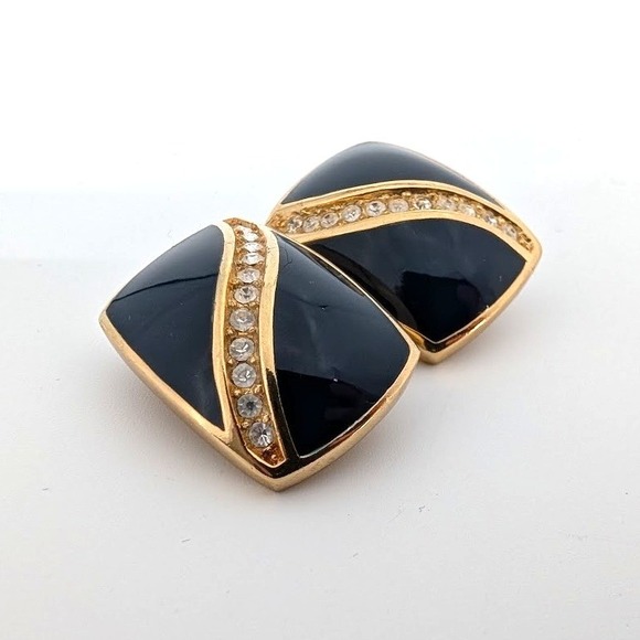 Dior Jewelry - Christian Dior Vintage Navy Blue Rhinestone Wave Gold Tone Clip On Earrings